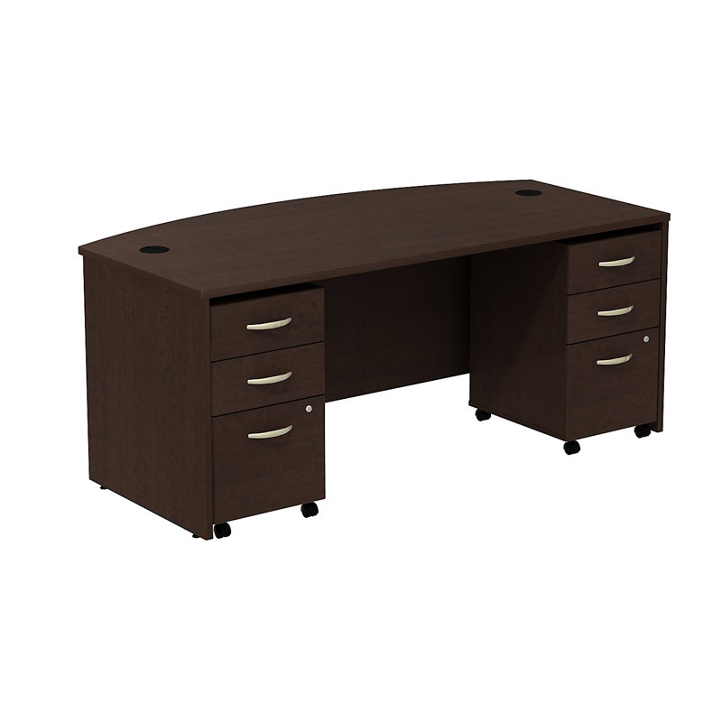 Series C Bow Front Desk with (2) 3 Drawer Mobile Pedestals - Reversible, Mocha Cherry/Mocha Cherry