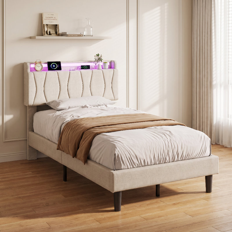 Upholstered Bed Frame, European Single (90 x 200 cm), Beige