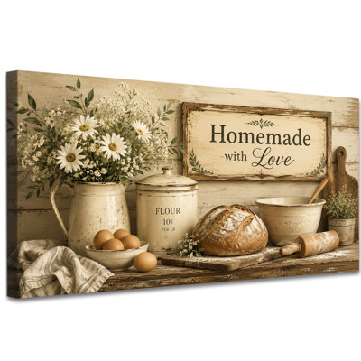 Toile murale « Fait maison avec amour » pour la cuisine ou le coin pâtisserie, typographie inspirée du pain et de la pâtisserie, prête à accrocher, 40 x 80 cm.