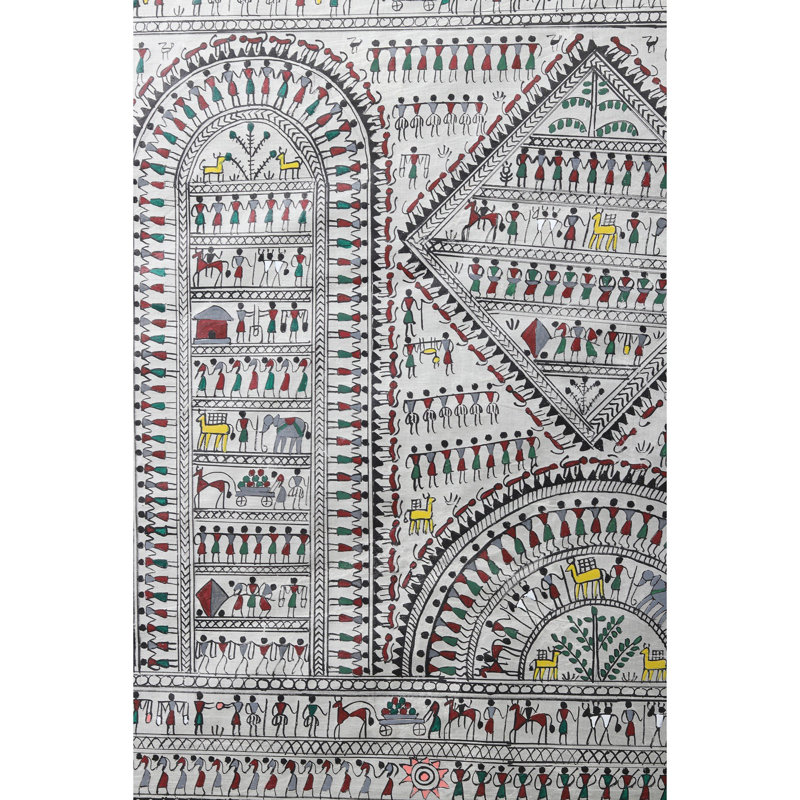«Warli Tribal Social Life», peinture sur soie tussar par Purna Chandra, art populaire aquarelle H 22 po x l 40 po, décorations murales Maharashtra Village