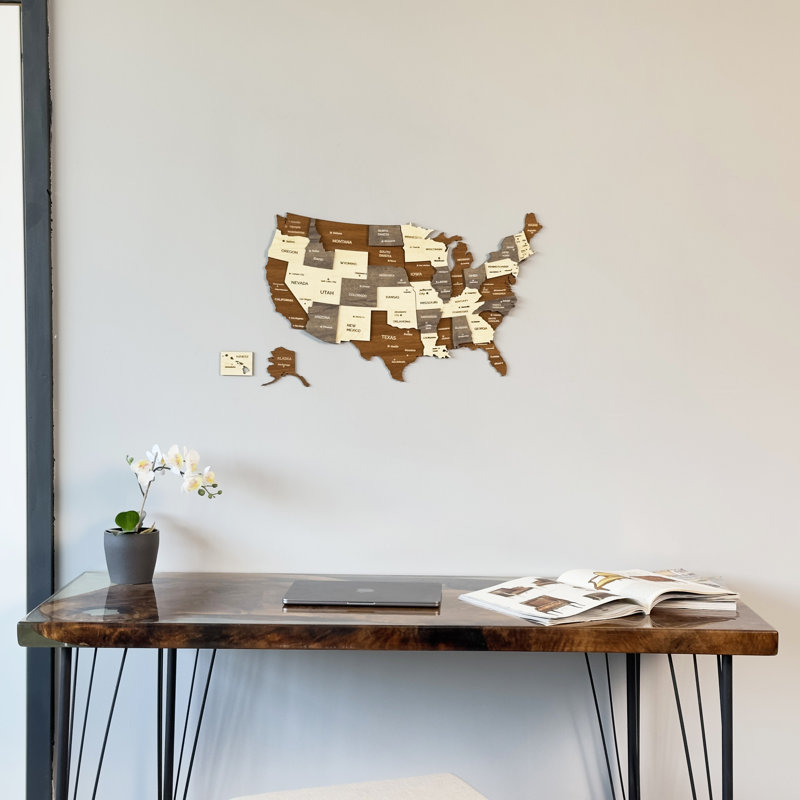 Art mural 3D en bois aux États-Unis - Carte des États-Unis avec États et villes