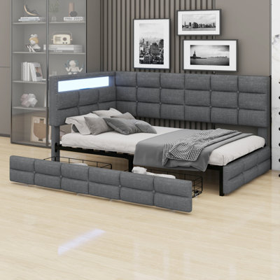 Upholstered Daybed With Storage 2 Drawers And Charging Station, Day Bed Frame With LED Lights And Storage Headboard
