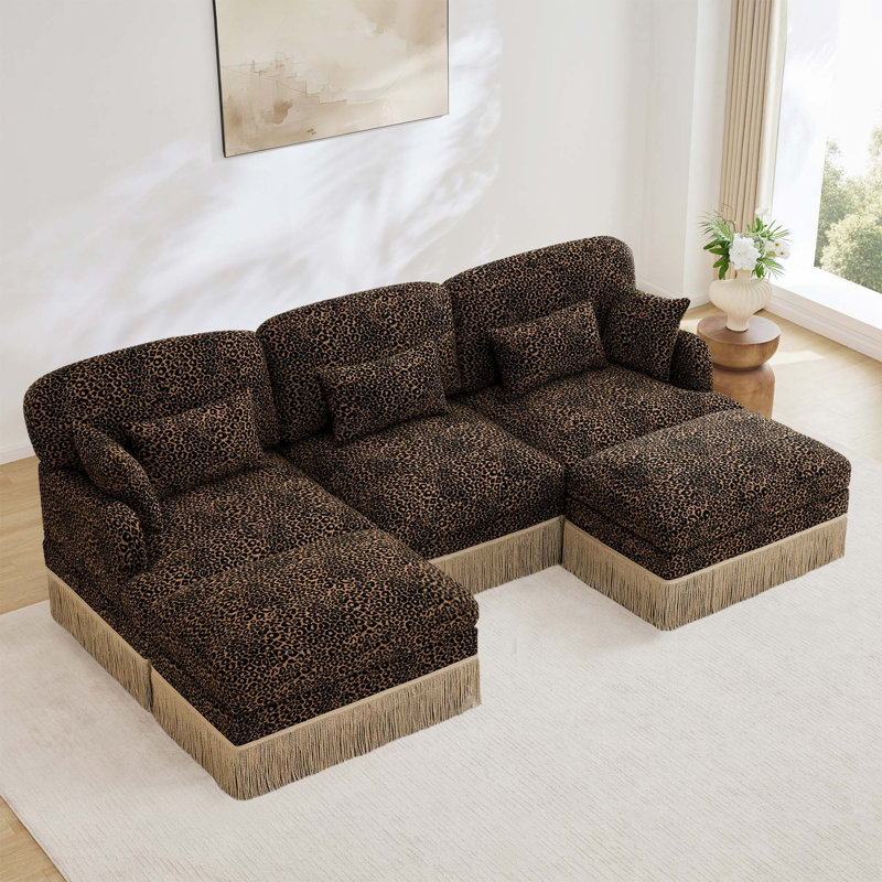 Canapé en U en chenille avec repose-pieds mobile et pompon, Brown, 34.6" H x 100.3" W x 55.5" D