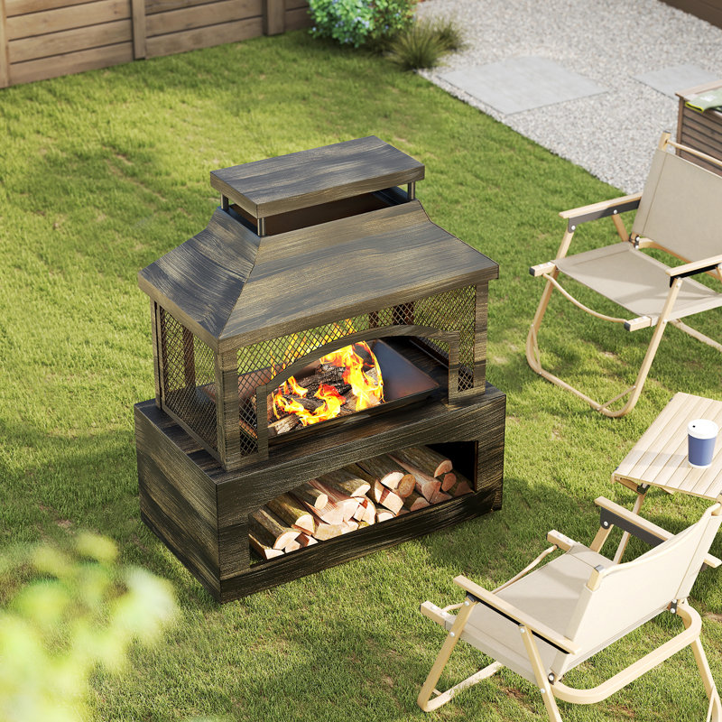 Elneta 32.28" W Steel Outdoor Fireplace with Log Storage
