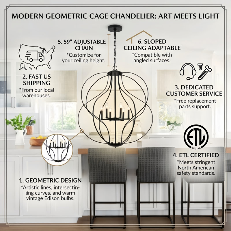 Avers 35.4" W 6-Light Dimmable Sloped Ceiling Compatible Geometric Chandelier, Matte Black