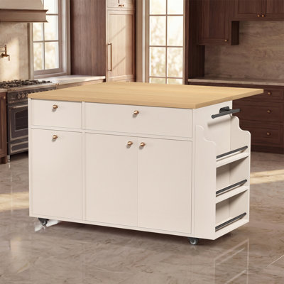 Îlot de cuisine avec chariot de rangement pour îlot de cuisine avec rallonge rabattable, plateau en bois naturel, tiroirs, support à épices, barre à serviettes, chariot de cuisine mobile pour la cuisine et la salle à manger, blanc