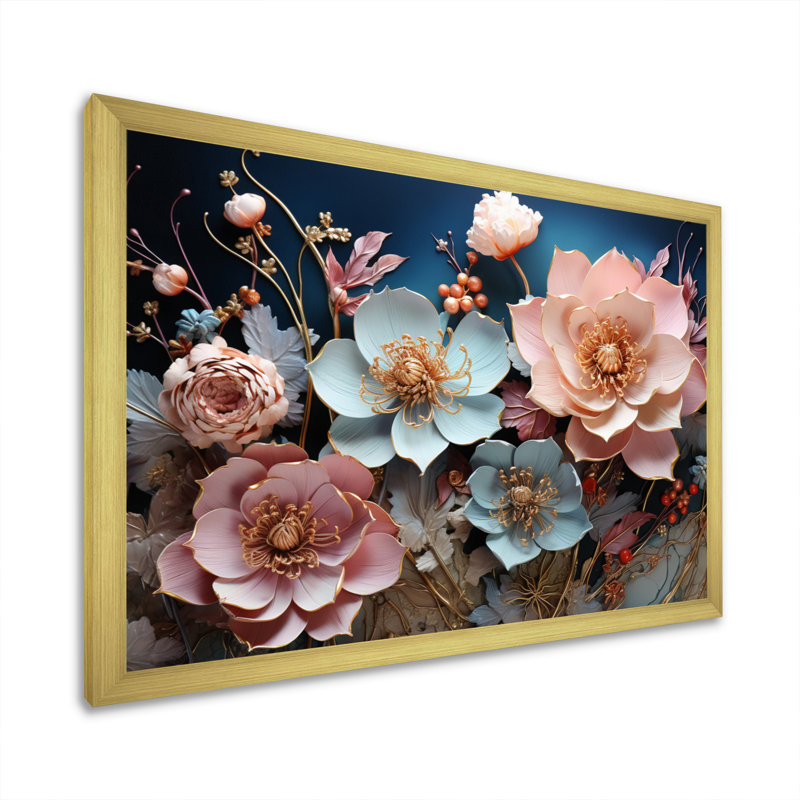 «Blue Enchanted Gardens I - Abstract Botanicals», impressions sur toile, L 32 po x H 16 po, Cadre doré simple