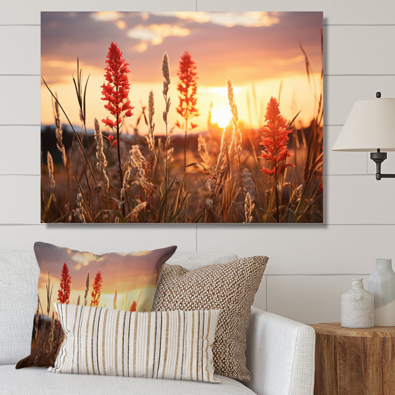 Champ de fleurs sauvages avec coucher de soleil, reproduction sur toile, H 24 po x l 32 po x P 1 po, Toile tendue