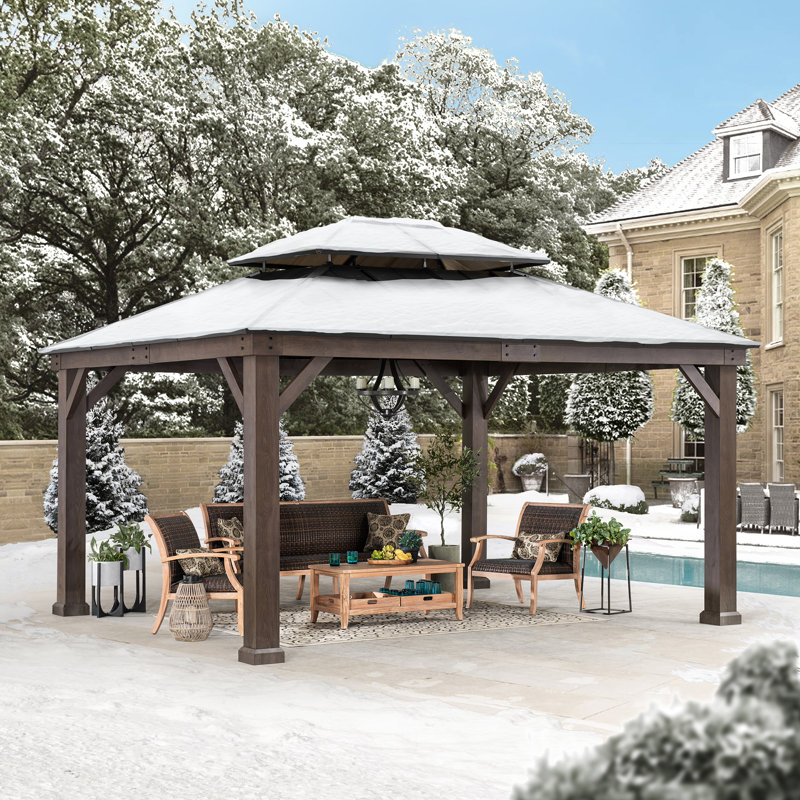 Pavillon de jardin à toit rigide en bois grain de bois 13 po x 15 po avec toit en acier et crochet à 2 niveaux SUNJoy