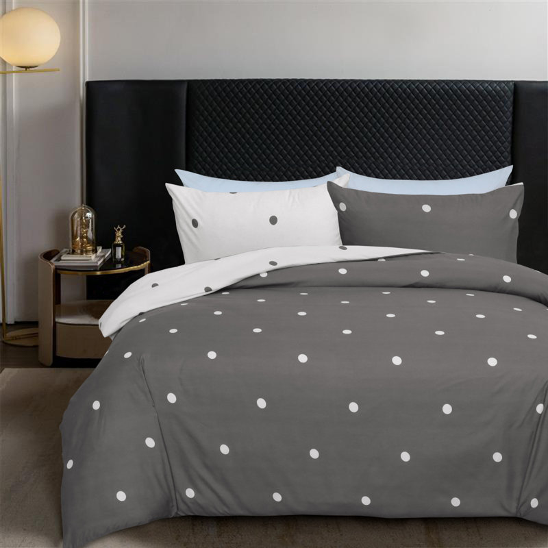 Ultra Soft Microfiber Dual Pattern Reversible Duvet Cover With Matching Pillow Covers, Grey/White  Doted