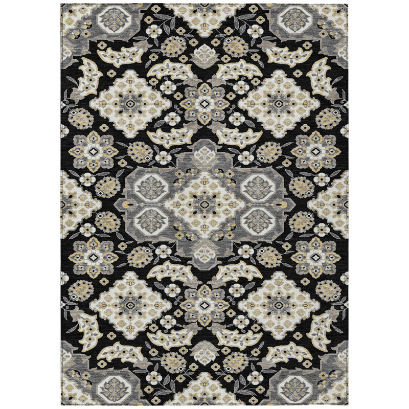 3' X 5' Black Gray And Beige Medallion Washable Indoor Outdoor Area Rug