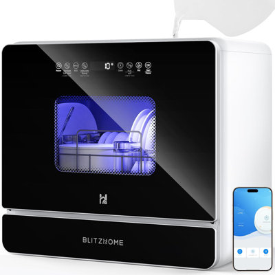 Wifi Countertop Portable Mini Dishwasher, Smart 9 Programs,167℉ High-Temp, Hot Air Drying, Air Refresh, 360° 3 Spray, 24H Timing, LED Light, 5.2L Built-In Water Tank For Apartments Rvs