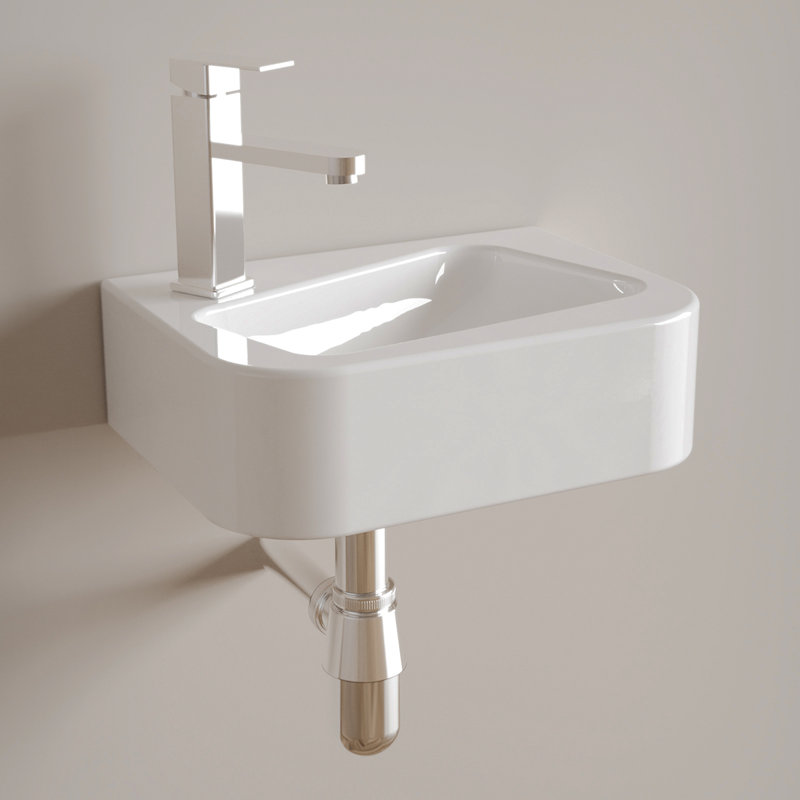 Lavabo de salle de bain flottant mural - Lavabo de salle de bain rectangulaire suspendu 14 po x 10 po en porcelaine blanche avec robinet et bonde
