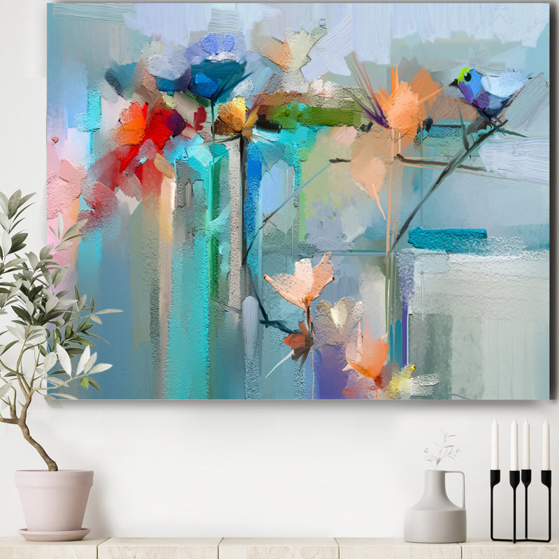 Fleurs abstraites rouges, bleues et roses - reproduction d'art sur toile tendue, H 12 po x l 20 po x P 1 po