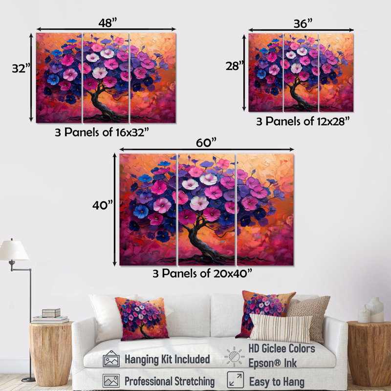 «Rose White Vibrant Morning Glory Tree II», ensemble de reproductions d'art mural, H 40 po x l 60 po x P 1 po