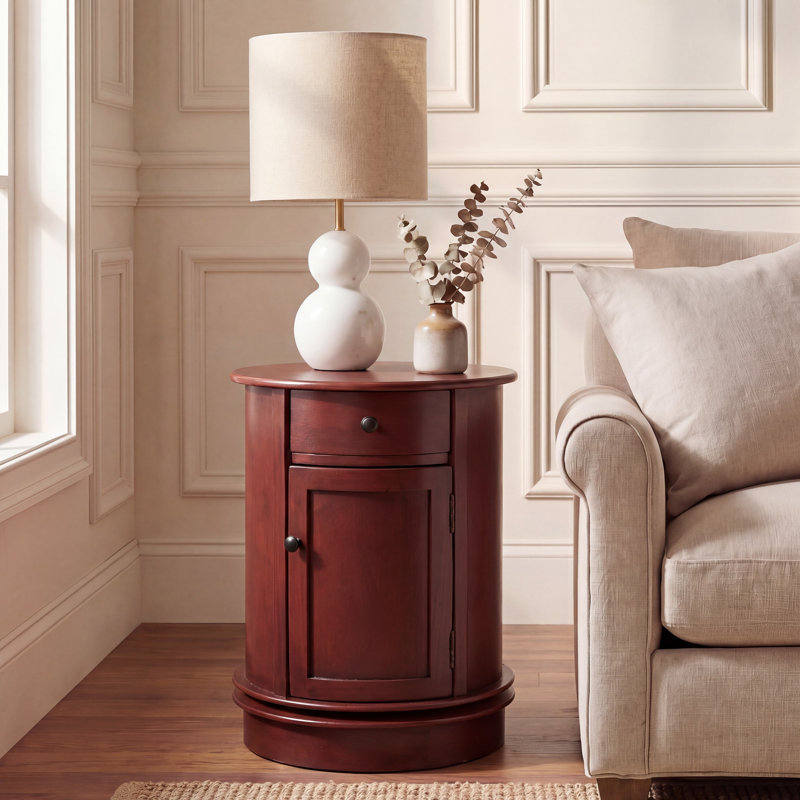 Regan Solid Wood Swivel Drum End Table with Storage, Red