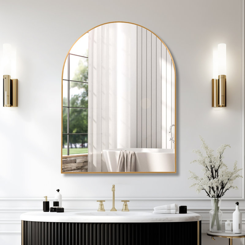 Metal Framed Arched Bathrrom Mirror, Gold