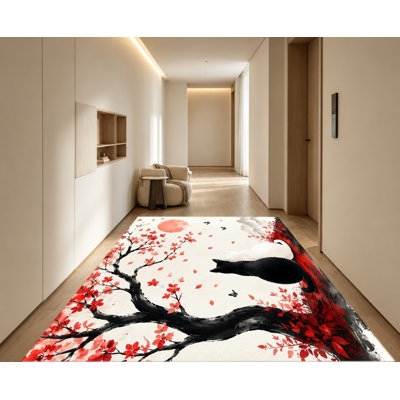 Tapis d'intérieur lavable à la machine, style artistique, avec envers antidérapant, motif de chats noirs et blancs et cerisier en fleurs, idéal pour le salon, la chambre à coucher, l'entrée, la cuisine ou un appartement.