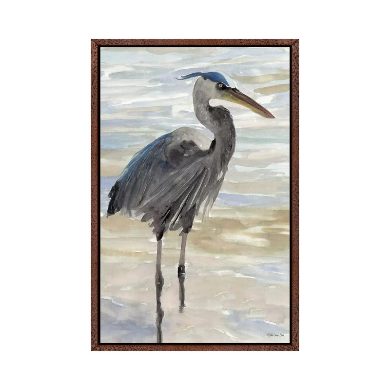Heron In Water - Painting on Canvas, 66.04cm H x 45.72cm W x 3.81cm D, Classic Brown Wood Floater Framed