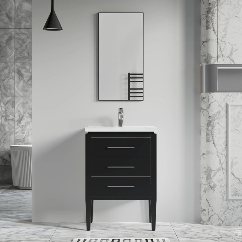 Stewie 24'' Single Bathroom Vanity with White Ceramic Top – Soft Close Drawers & Freestanding Design, Black /Silver