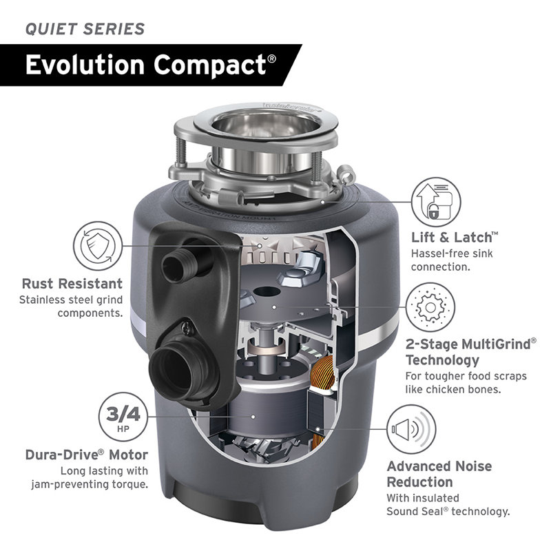 Evolution Compact 3/4 HP Continuous Feed Garbage Disposal, Power Cord Included