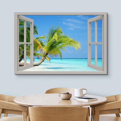 Window Scenery " Palm Tree Beach Shore Teal Tropical Ocean Sea Nature Wilderness "