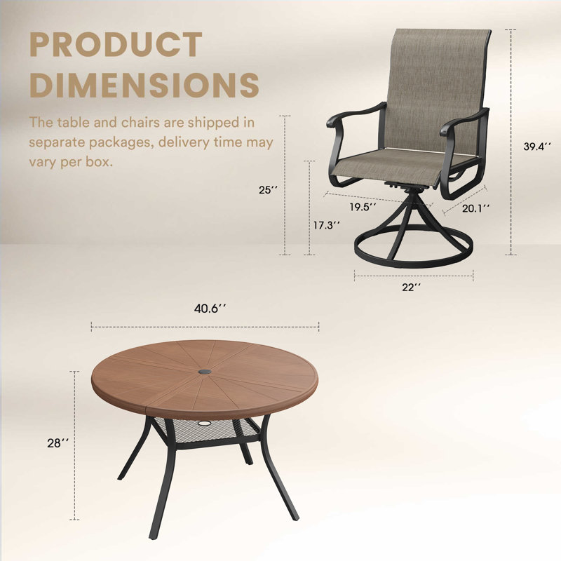 4-Person Outdoor Round Dining Set With Swivel Chairs, Walnut/Brown