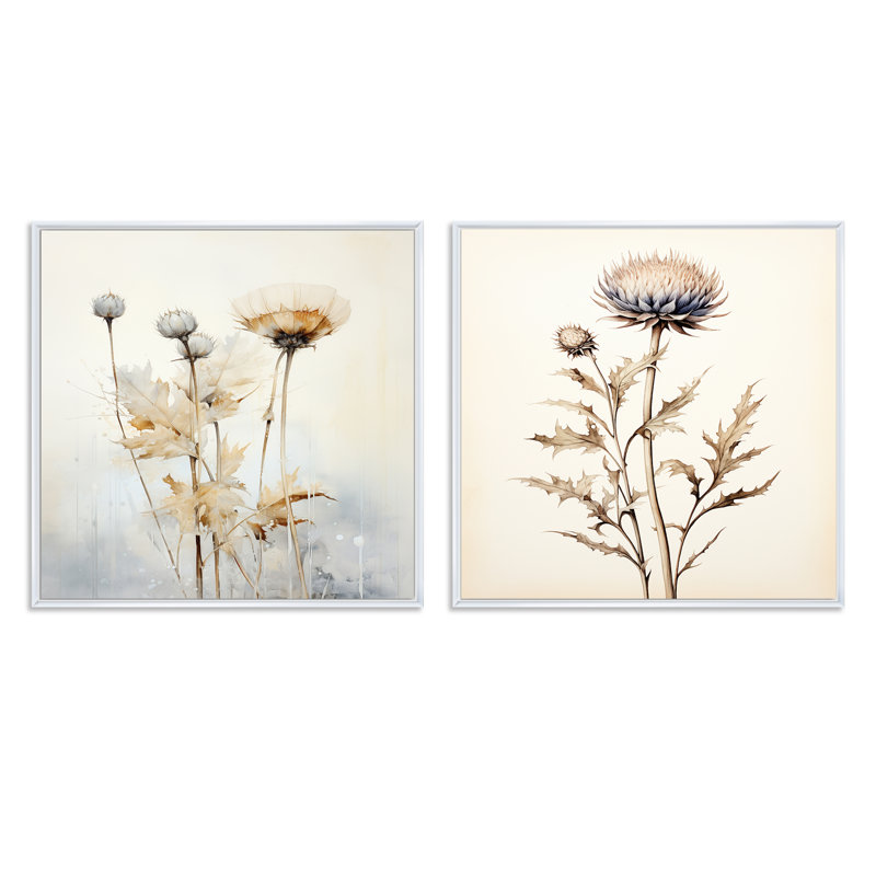 Beige chardon et fleurs - ensemble de 2 collages carrés de chardon, H 16 po x l 33 po, Cadre flottant blanc