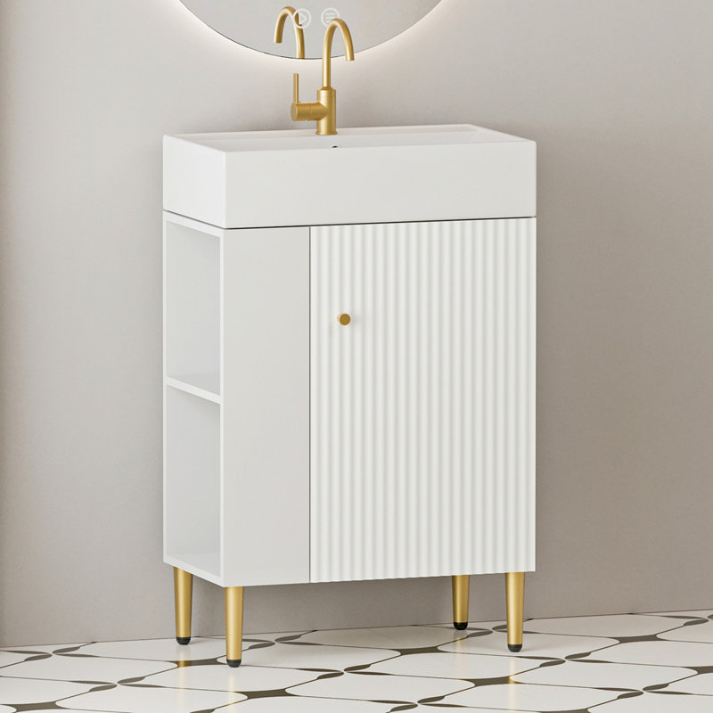 Meuble-lavabo à tablettes ouvertes avec lavabo en céramique et porte à fermeture douce, Blanc