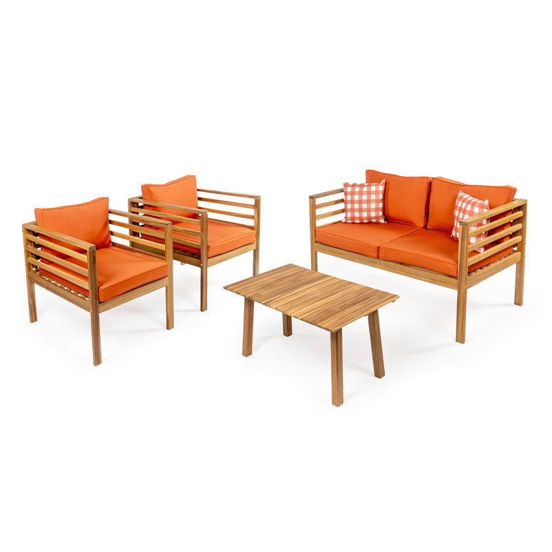 Ensemble de conversation d'extérieur 4 pièces en teck brun bois d'acacia Thom, Orange
