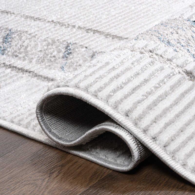Maythel Classic Border Marble Pattern High-Low Silver/Blue Rug, Runner 2' x 8'