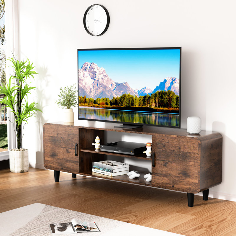 Console pour téléviseur de 55 pouces, brun rustique avec table de rangement à compartiments cachés, structure spacieuse et stable