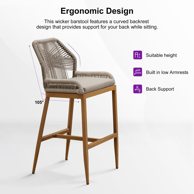 Purple Leaf Patio Upcycled Fabric Bar Stools 28" H Set Of 2 Handwoven Wicker Bar Height Stool Modern Aluminum High Bar Chairs Outdoor Wicker Barstools With Back And Cushion For Kitchen Pool Island