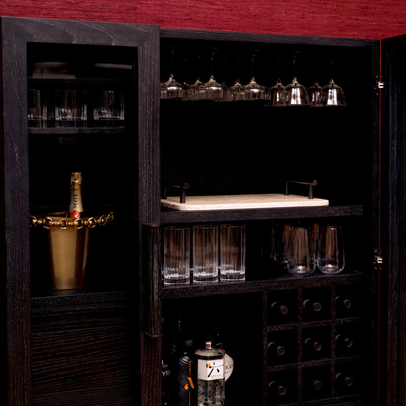 Connaught Solid Wood Bar Cabinet, Charcoal Oak/Bronze