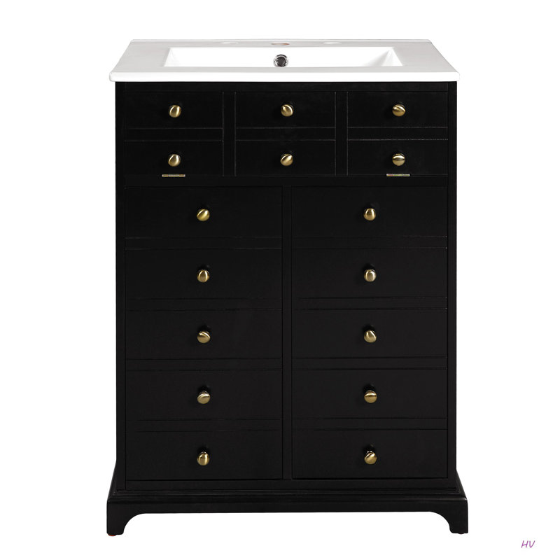 Meuble-lavabo de 24 po avec tiroir et deux portes à fermeture douce, armoire de rangement peinte moderne avec lavabo en céramique, meuble-lavabo simple élégant pour les petits espaces