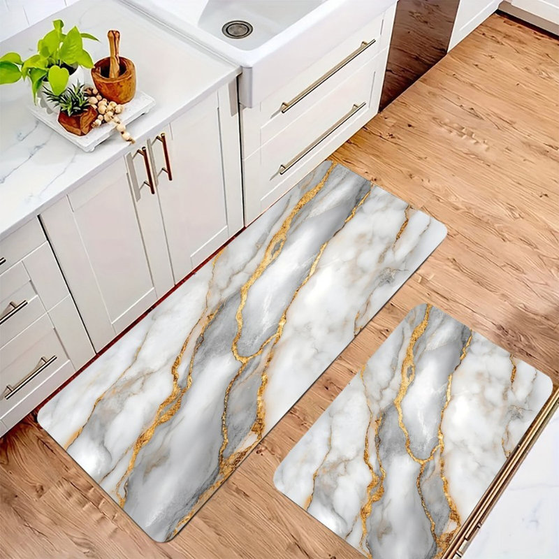 Ensemble de 2 tapis de cuisine en marbre blanc et or blanc