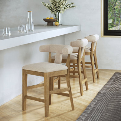 Tabouret de bar moderne côtier avec revêtement en lin et pieds en bois massif, paquet de 3