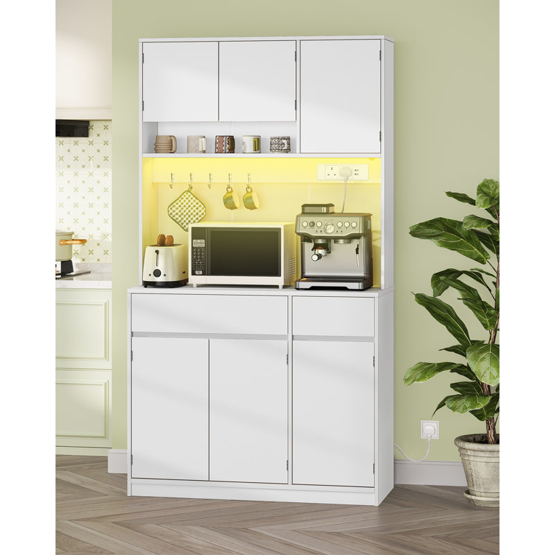 Kitchen Cupboard with LED & Power Outlet, 180cm Tall Kitchen Cabinet with Countertop & 2 Drawers, Sideboard Storage Cabinet Adjustable Shelves, Dining Room, 40 x 100 x 180 cm