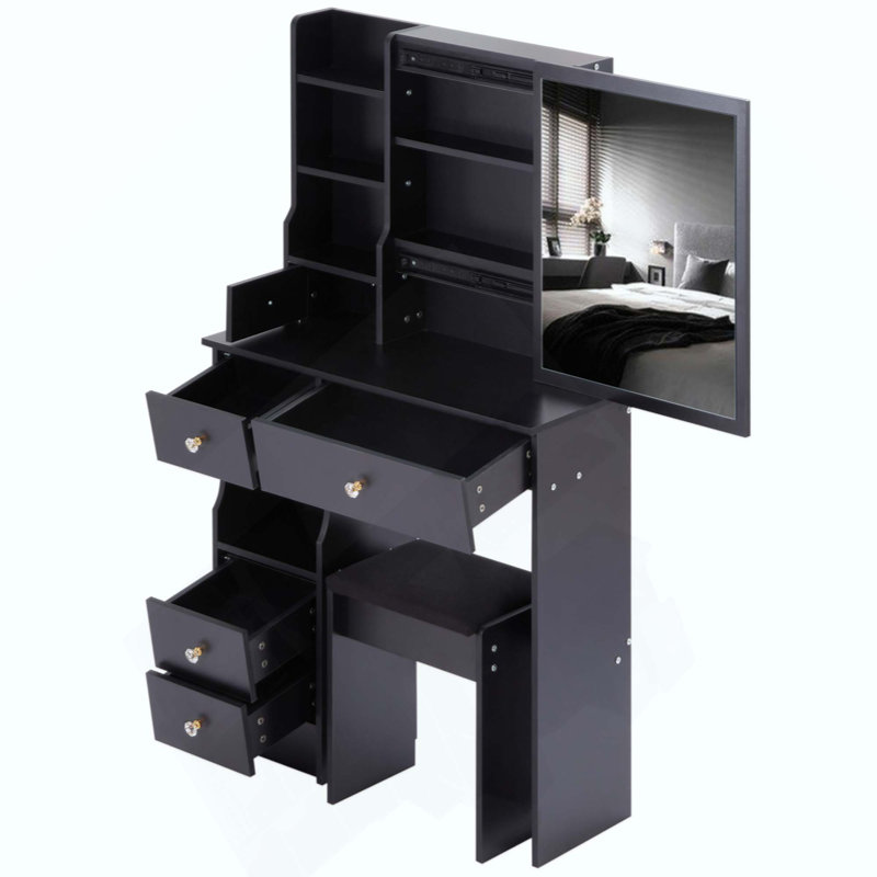 Petit meuble-lavabo de bureau avec tiroir à gauche avec petit espace + tabouret rembourré, très grand miroir coulissant à droite, rangement multicouche à grande capacité, commode pratique et pratique, convient aux petits espaces