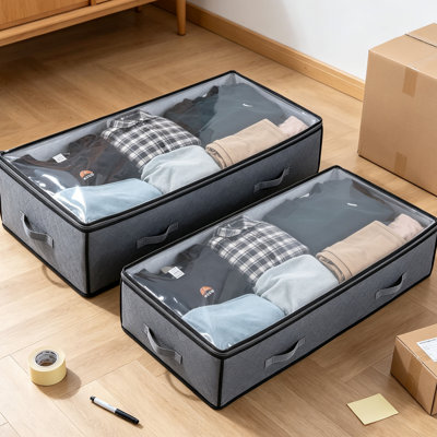 Lot de 2 boîtes de rangement sous lit de 90 L, empilables et pliables, avec couvercle transparent. Grande capacité de rangement pour couvertures, vêtements, chaussures, jouets et décorations de Noël. Gris.