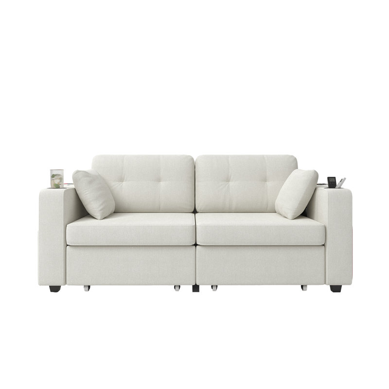 68'' Chenille Sofa With Multi-Functional Armrests, White