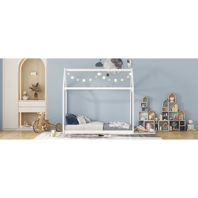Twin Size Wooden House Bed, White, White