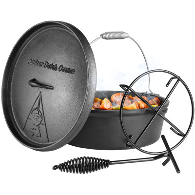 Pirecart Cast Iron Dutch Oven Pot with Lid, without Feet, with Stand & Handle, Cast Iron Pot for Outdoor & Indoor