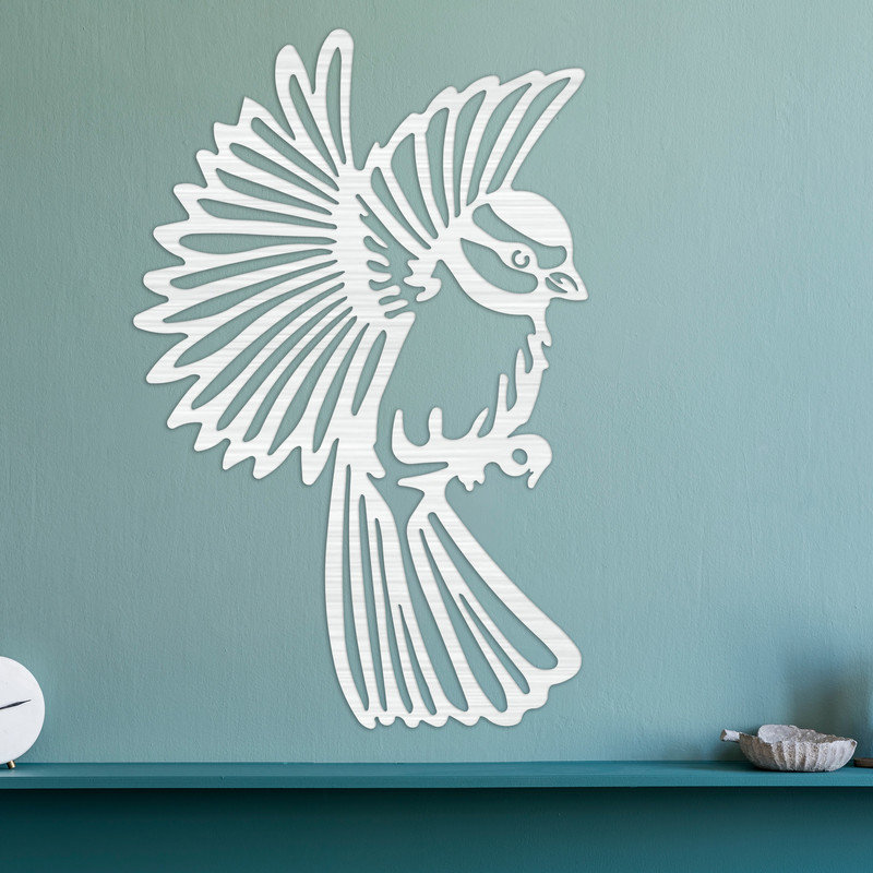 Art mural abstrait d'oiseau fait avec des lignes - ACM, Argent, H 32 po x l 20,8 po x P 0,25 po