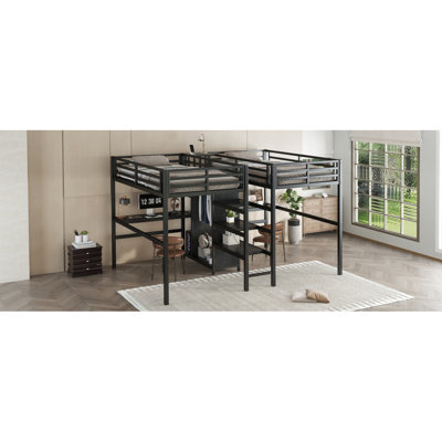 Twin Over Twin Metal Loft Bed With Double Desk And Wardrobe And Shelves With Electrical Outlet For Space Saving And Noise Reduction,Black