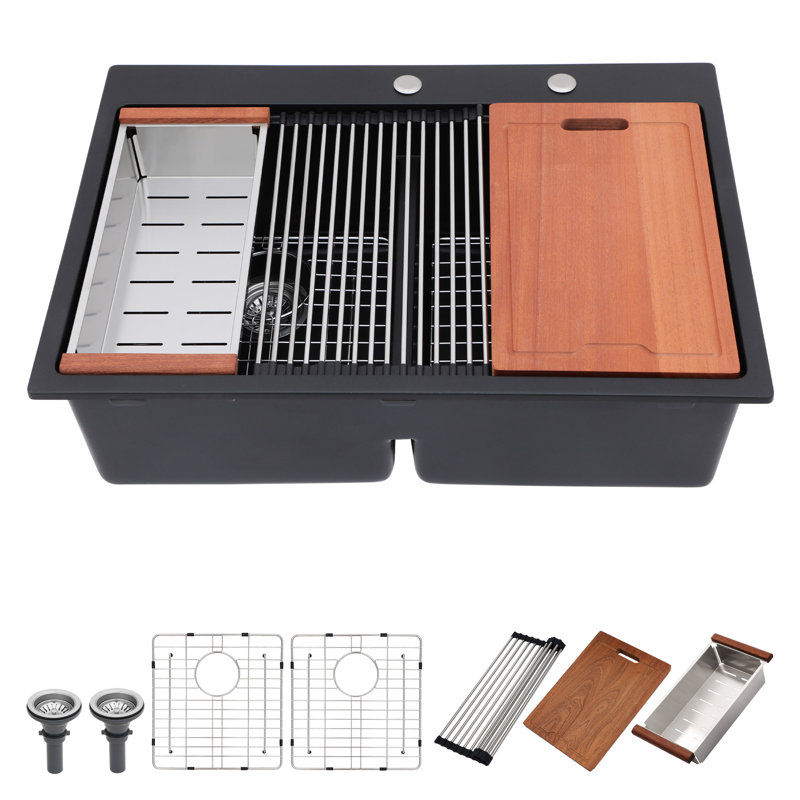 L 33 po x l 22 po x H 9,65 po, évier de cuisine noir à double cuve encastrée avec station de travail et accessoires