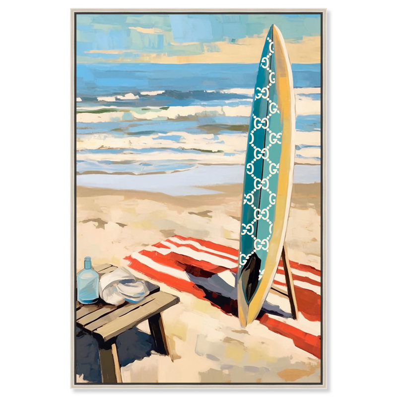 «Surf Mornings Canvas Glam Coastal», art mural par Art Remedy, Cadre argenté, 55" H x 37" W