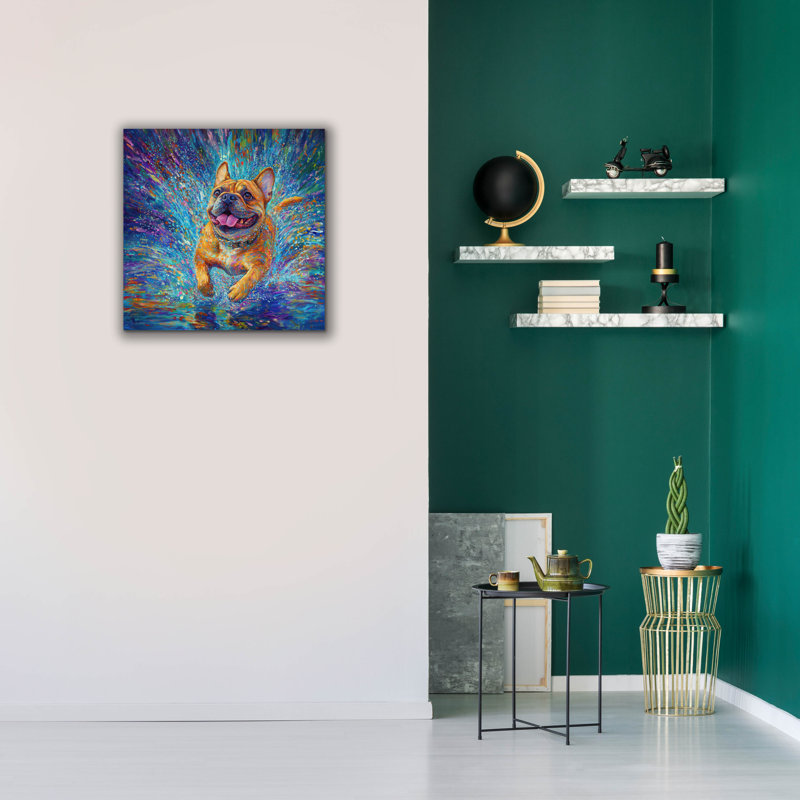 «Buldog In The Rain Puddles» par Rich Monet, art mural sur toile, H 26 po x l 26 po x P 1,5 po