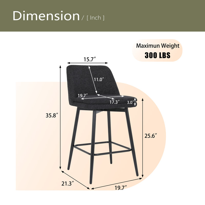 Counter Height Swivel Bar Stools Set Of 2, 360° Swivel Upholstered Barstools With Back And Metal Legs, Black