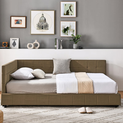 Structure de lit tapissier pleine grandeur avec tissu en velours confortable pour le salon de la chambre à coucher, cadre de lit de jour brun, accoudoir, en bois,